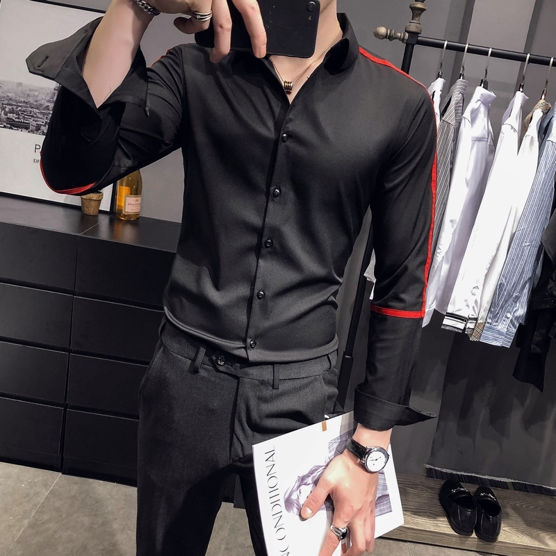 

New Simples Primavera Novo 2021 Manga Longa Listrado Camisas Para Roupas Masculinas Moda Magro Ajuste Casual Clube Formal Wear Preto/branco, Black