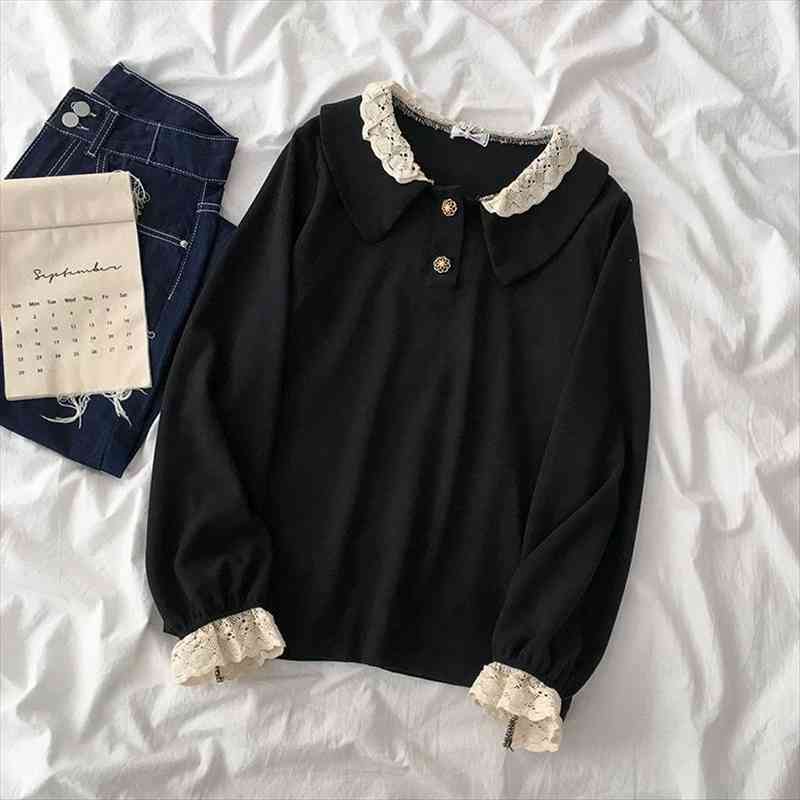 

patchwork sweater women thin fake two peter pan collar loose button lace ladies pullover sweet korean black fashion, White;black
