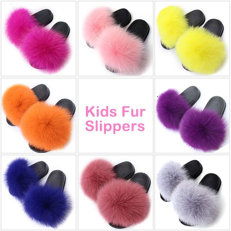 

Kids Fluffy Slippers Children Fur Slides Real Fur Flip Flops Plush Shoes Outdoor Girls Furry Slipper Home Cute Baby Sandals, Burgundy