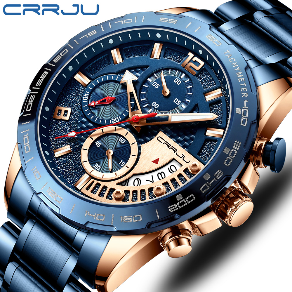 

Mens Watches CRRJU Fashion Stainless Steel Business Watch Luxury Luminous Waterproof Chronograph Quartz Watch Relogio Masculinog, L black gold box