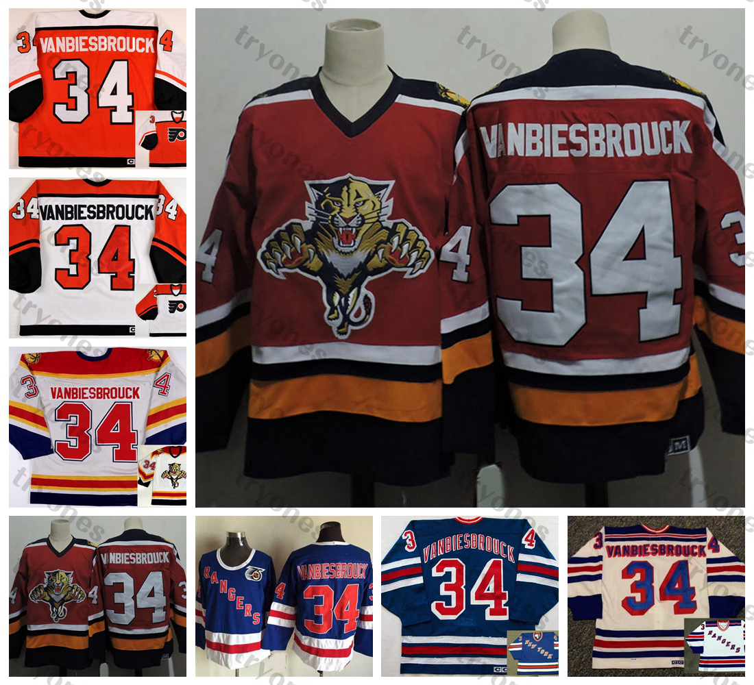 

Vintage 1991-1992 JOHN VANBIESBROUCK Hockey Jerseys Florida Panthers Philadelphia Flyers New York Rangers 75th Anniversary Blue Stitched Jersey M, Blue v
