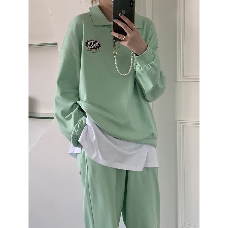 

Huang Zheng Korean sports leisure suit women's 2021 autumn Lapel printed sleeve sweater + long pants z85393, Apricot