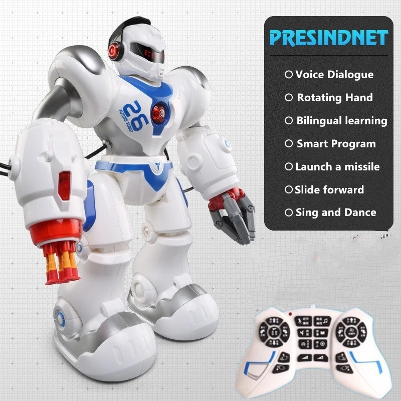 

2.4G Voice Control Smart RC Robot Programming Demo Walking Glide Singing Dance Arm With Launch Missile Mutil-Function Boy RC Toy, White