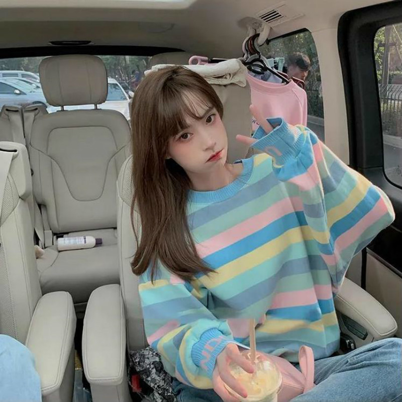 

2021 New Harajuku Striped Raiow Oversized Sweatshirt with Hoodie Schoolgirl Japanese Lolita Manga Long Winter Clothes of the Women Wpdk, Multiple