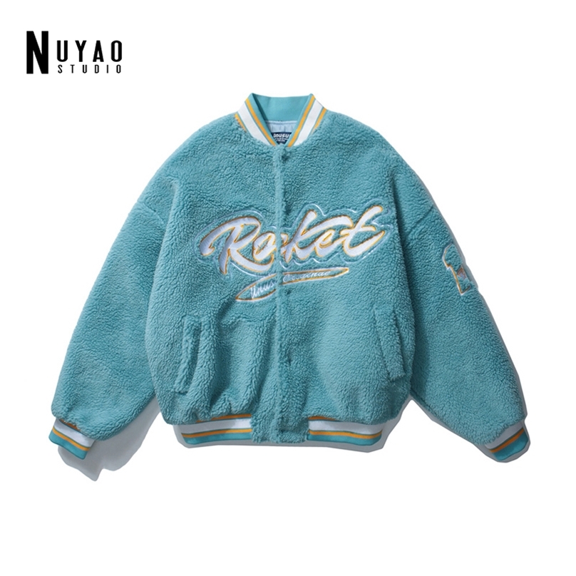 

Winter Women Streetwear Lambswool Letter Casual Embroidery Bomber Padded Jacket Loose Oversize Baseball Uniform Warm Coat 211018, Black