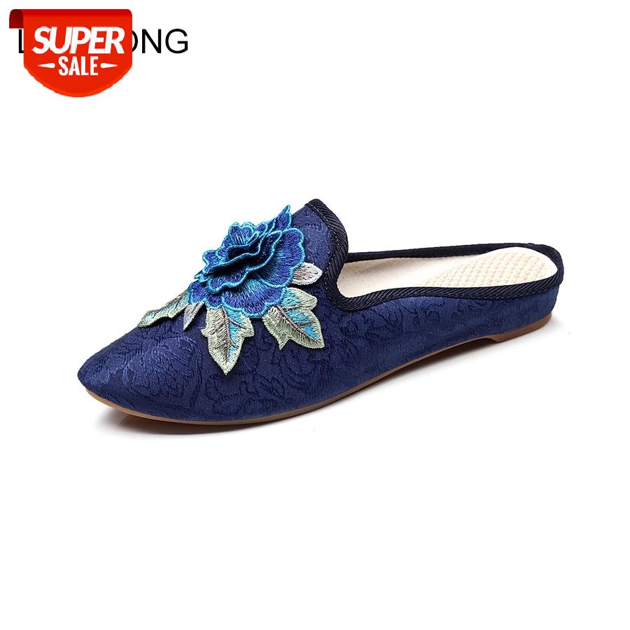 

LCIZRONG Vintage Embroidery Women Sandals Fashion 3D Flower Flat Sandals Cotton Female Beach Ladies Home Shoes #SV1c, Black