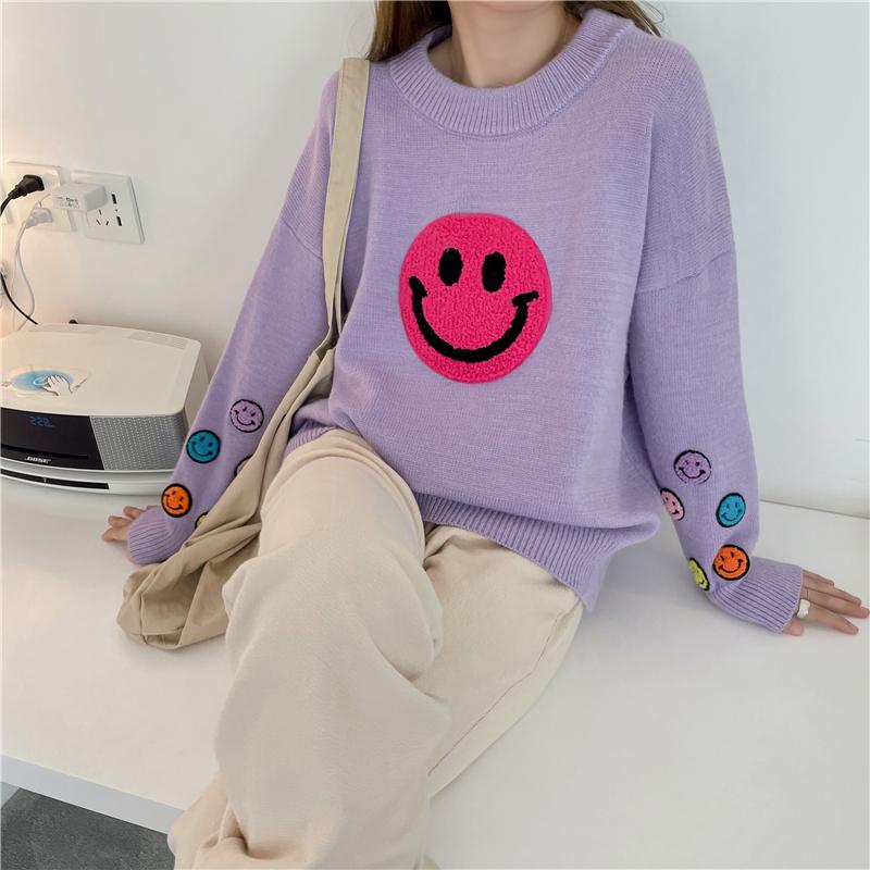 

Women's Sweaters Autumn 2021 Casual Women Sweater Cute Purple Baggy Knit Pullover Female Funny Smile Cashmere Pull Haut Femme Jumper Jersey, White;black