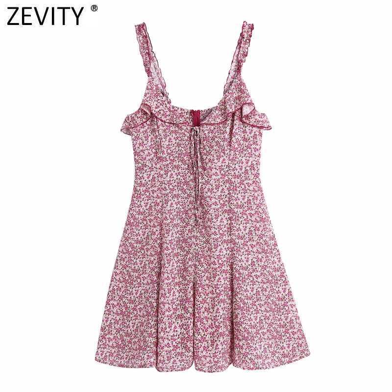 

Zevity Women Sweet Red Floral Print Pleat Ruffles Sling Dress Female Back Zipper Casual Slim Vestidos Chic Summer Dresses DS8280 210603, As pic ds8280bb