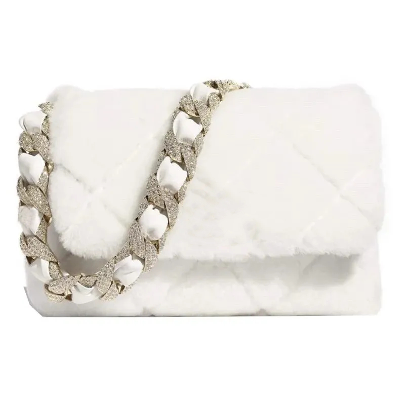 

New white chain Plush Bag portable diamond small winter