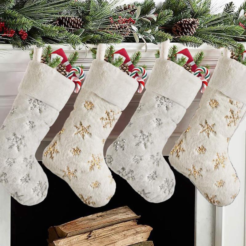 

Christmas Decorations Stockings, White Plush Hanging Stockings With Sequin Snowflakes For Home