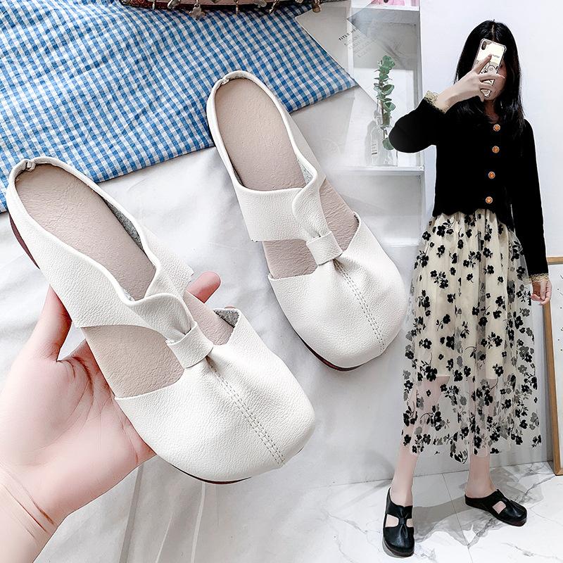 

Slippers Low Rubber Fretwork Fabric PU Basic Hoof Heels