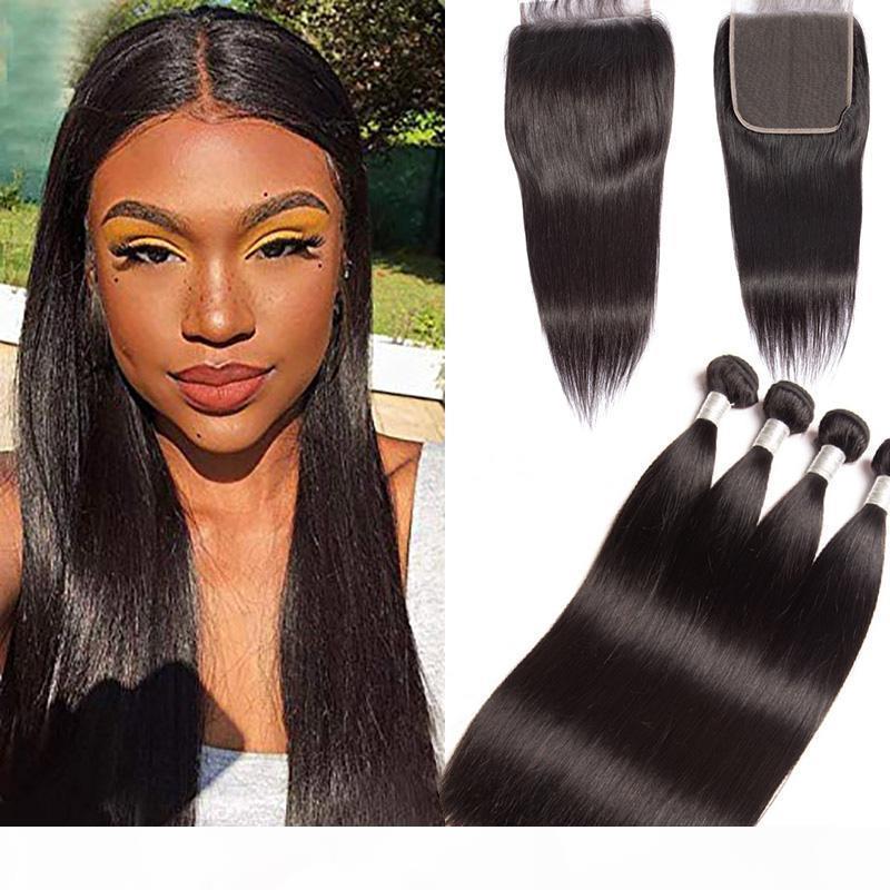 

Malaysian Human Hair Straight Bundles With 6X6 Lace Closure Middle Three Free Part 5 Pieces lot Straight Hair Extensions 8-28inch, Black;brown