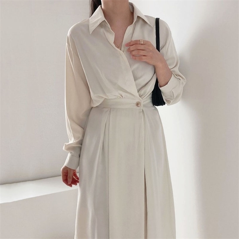 

Chic One Button Shirt Dress Woman Clothes High Waist White Vestidos Slim Long-sleeve Blue Dresses Female Spring Clothing 210603