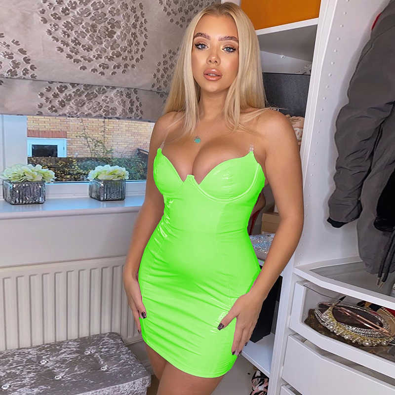 

Colysmo PU Leather Party Dress Women Neon Pink Backless Club Sexy Transparent Straps Padded Low Cut Mini es Vestidos 210527