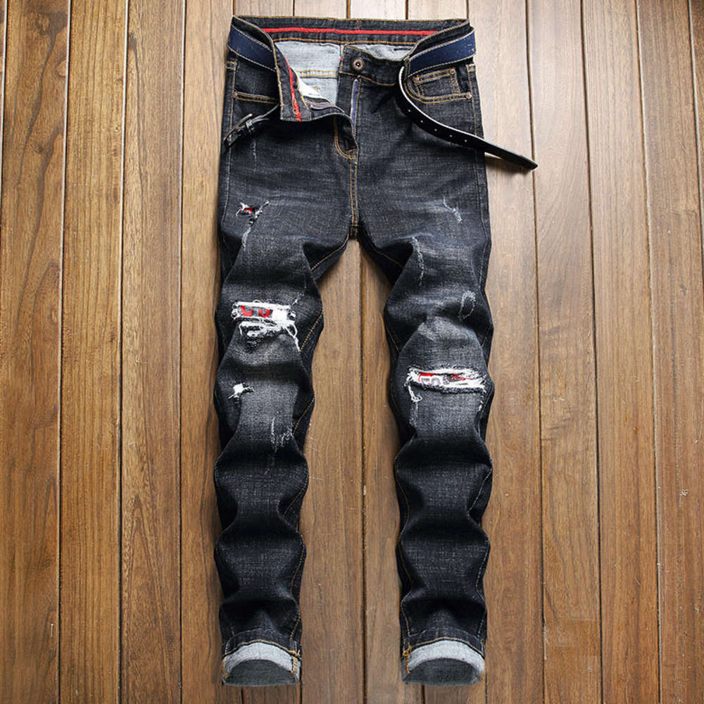 

2021New jeans with holes small straight slim stretch balman men's pants, Blue