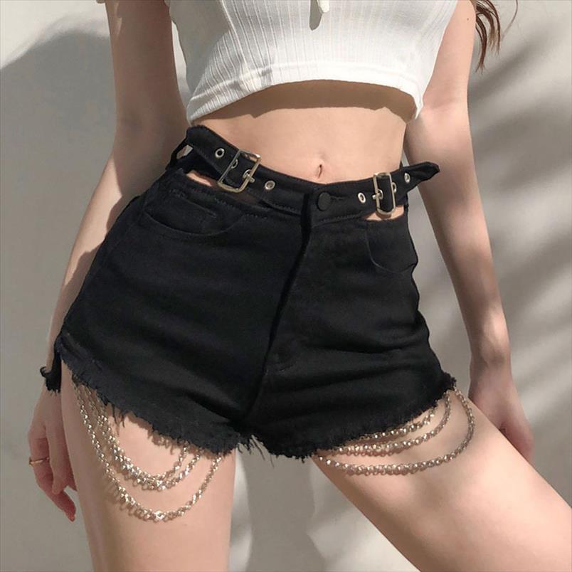 

black color women short hollow out skinny pants lolita style metal chain basic for ladies girls, White;black