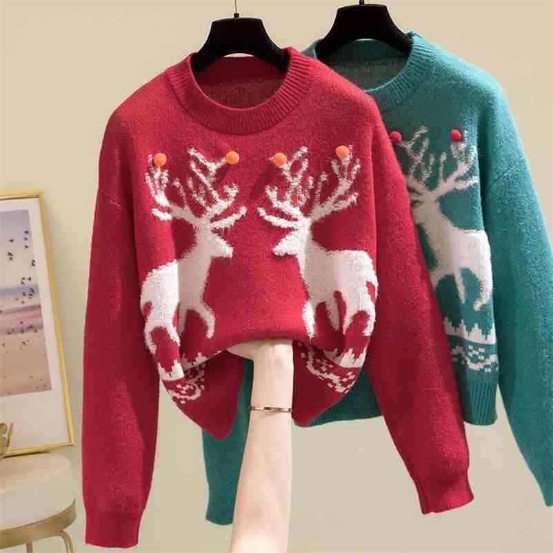 

Women Harajuku Sweater Autumn Winter Cute Cartoon Elk Pullover Tops Woman Casual Loose Korean Red Knitted 210602