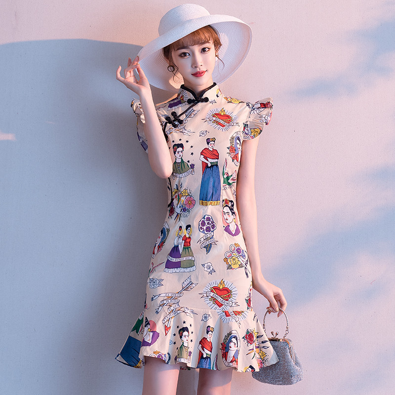 

Women Cute Cartoon Evening Party Gown Elegant Exquisite Collar Cheongsam Sexy Slim Short Mermaid Dress Nywh, Beige