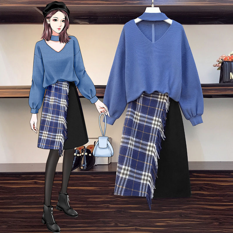 

New 2021 Spring and Autumn Western Style Hollow Plaid Sweater Casual Cotton E6mz, Blue