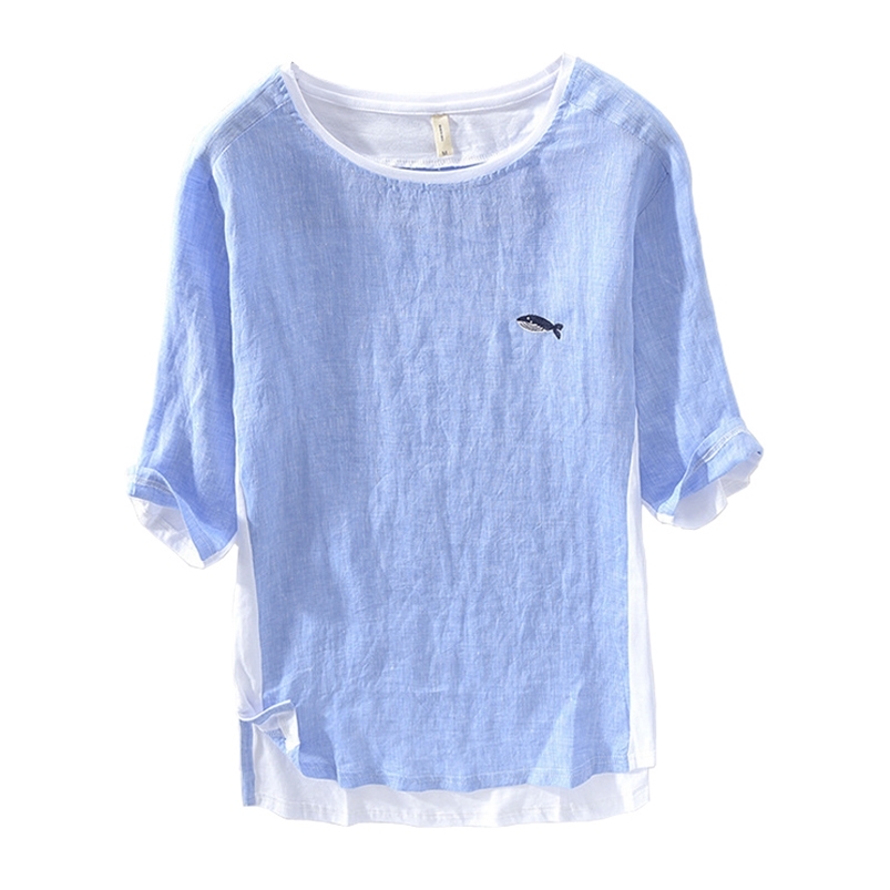 

Summer Cotton Linen Patchwork T Shirt For Men Chest Little Whale Embroidery Fashion Short Sleeve Tshirt Loose Tee&Tops 210722, Blue