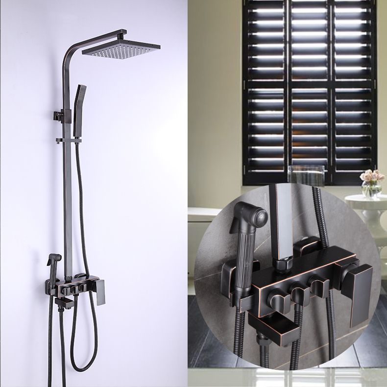 

2021 New Brass Black Bathtub Square Tube Top Rain with Slide Bar Wall Bath and Shower Faucet Mixer Set Iu4s