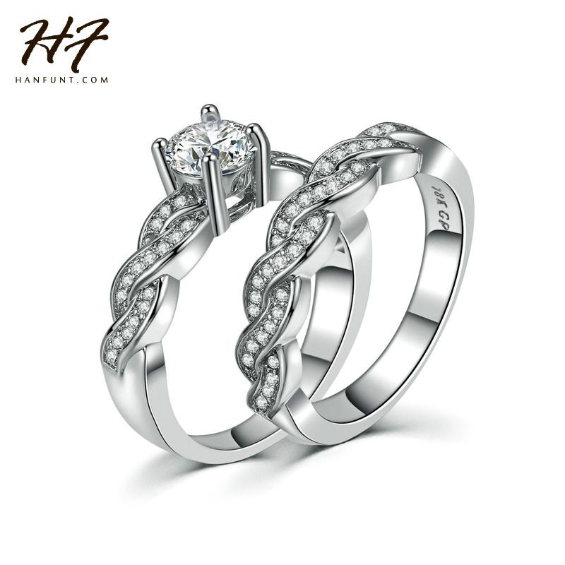 

Wedding Rings Sliver Color Luxury 2 Rounds Bijoux Fashion Ring Set + CZ Crystal Jewelry For Women Chirstmas Gift R557, Slivery;golden