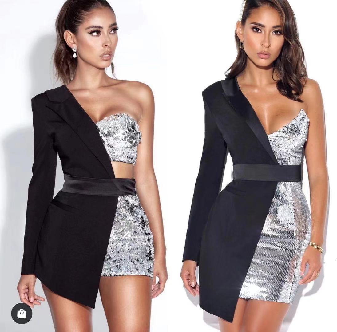 Casual Dresses High Quality Red Patchwork Sequined Bodycon Bandage Dress Women Sexy One Shoulder Long Sleeve Night Club Party 20YO-image-705460215