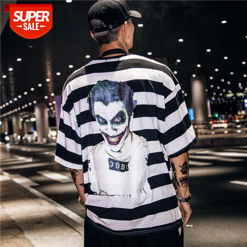 

Clown T-shirt men's short-sleeved black and white striped shirt male hip-hop horizontal stripe printing half sleeve #uC1J, White;black