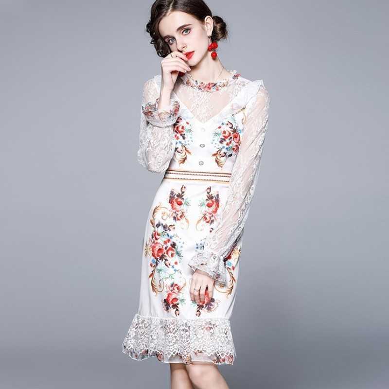 

Fashion Spring Women Lace Long Sleeve Patchwork Chiffon Floral Print Dress Vintage Elegant OL Slim Vestidos 210526, Photo color