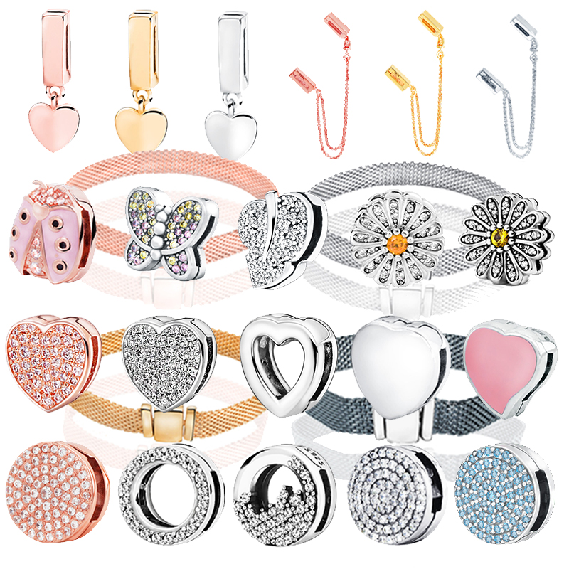

2020 New 925 Sterling Silver Sparkling Flower Heart Shape Clip Charms fit Original Pandora Reflexion Bracelets Women DIY Jewelry, Black