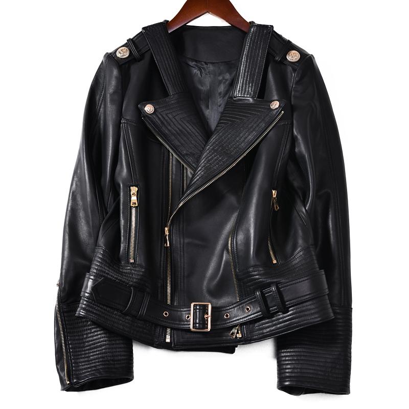 

Women' Leather & Faux Womens Jacket Belt Sheepskin Short Lambskin Black Female Genuine Overcoat Ladies Biker Clothing