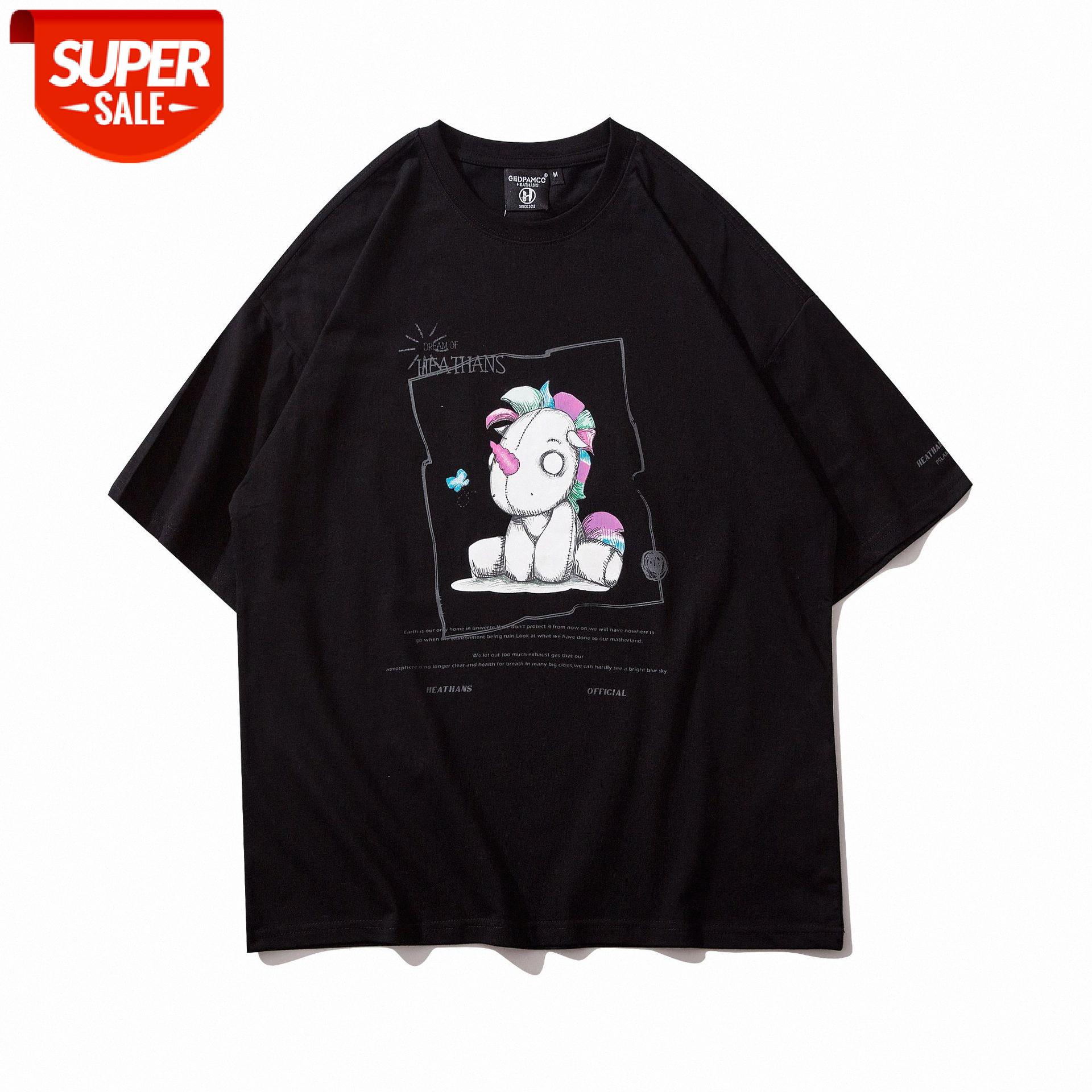 

Summer Cartoon Hedging Print Loose T-shirt Type Black Cotton Round Neck Short-sleeved Half-sleeved Tees Trendy Casual Tops, White