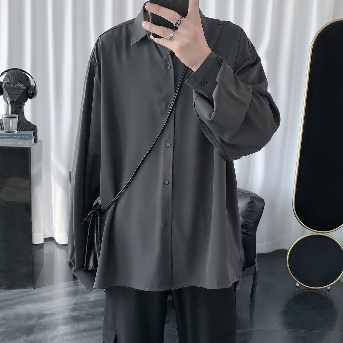 

2021 New Men's Long Sleeve Hawaiian Shirt Loose Camisa Masculina Solid 3-color French Cuff Mens Fashion Shirts Clothes -2xl 72dr, Black