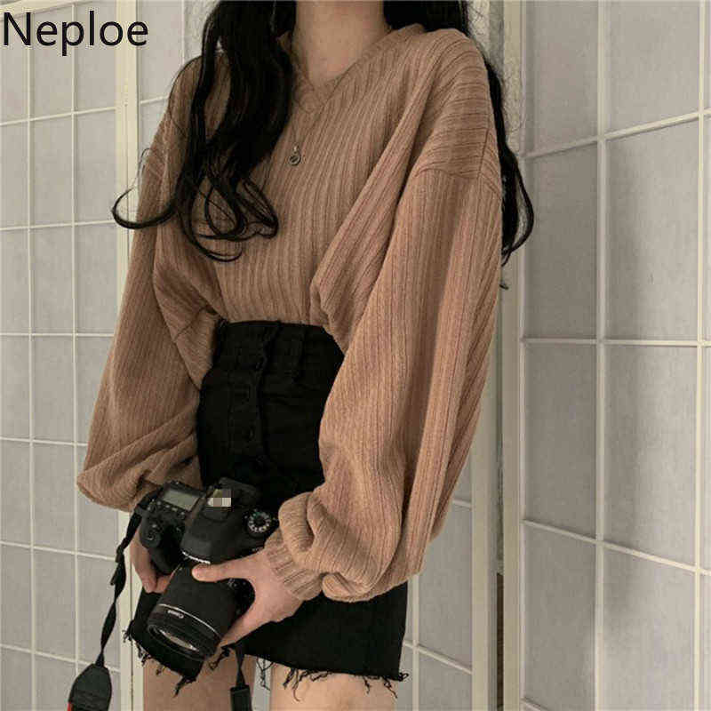 

Neploe V Neck Lantern Long Sleeve Knit Pullover Sweater Women Retro Loose Crazy Style Short Mutlicolor Pull Femme Autumn 48271 Y1110, Apricot