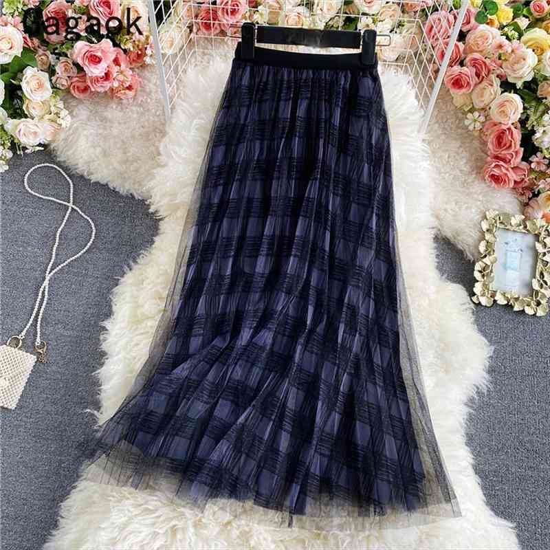 

summer sweet empire plaid mesh womens skirts mid-calf clothing loose elegant fashion korean chic wild skirt, Black