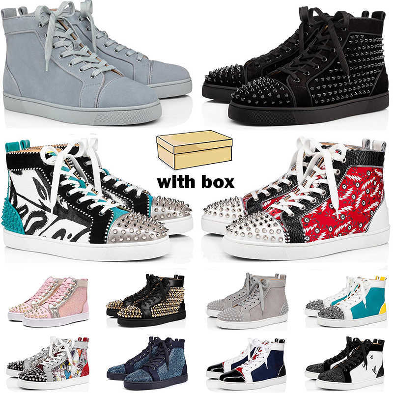 

2021 red bottoms sneakers men women shoes high top Black White blue Glitter Grey pink leather suede mens fashion spikes casual trainers, #34