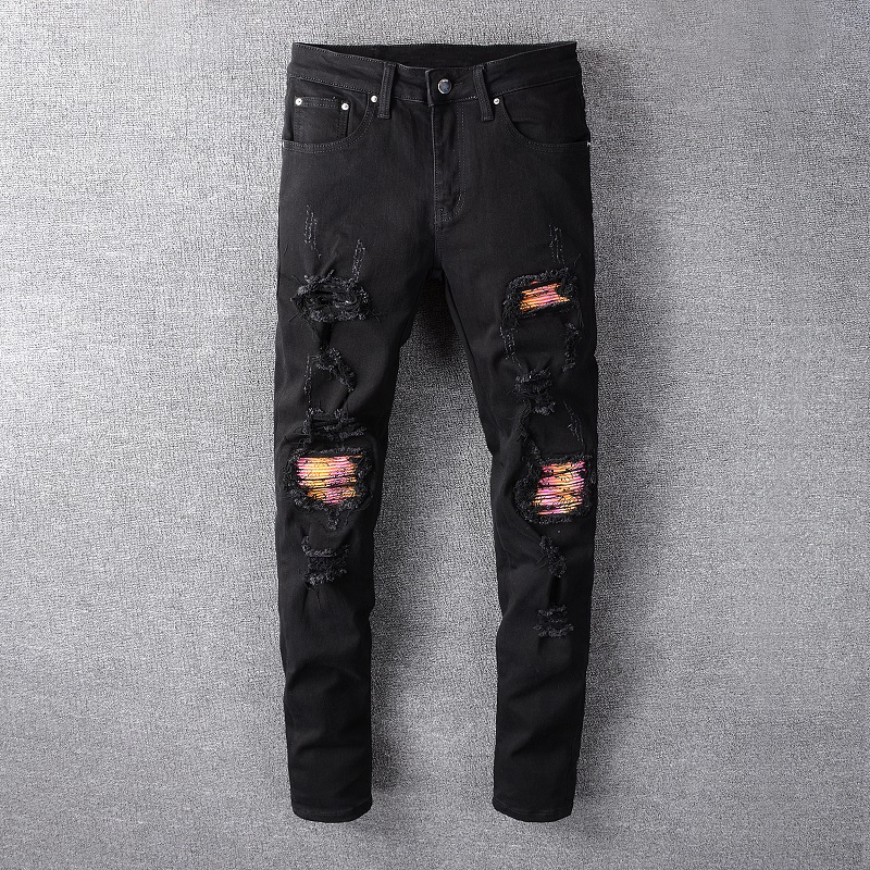 

2021 New Fashion Streetwear Black Color Destroyed Ripped Patchwork Designer Baggy Pants Elastic Hip Hop Ny Jeans Men Tl2i