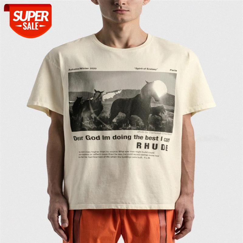 

21 tide brand Rhude pony print slogan wash retro high street men' and women' short-sleeved t-shirt loose #Eo0x, White