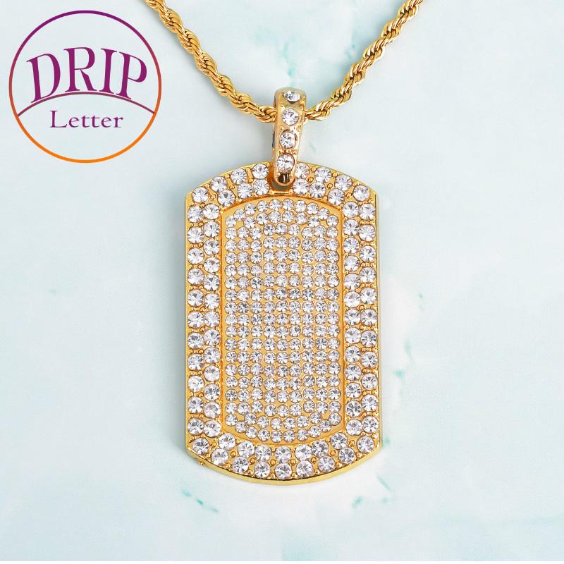 

Pendant Necklaces Gold Color Charm Square Dog Tag Men's Filled Iced Rhinestone Necklace With Cuban Chain Hip Hop Jewelry