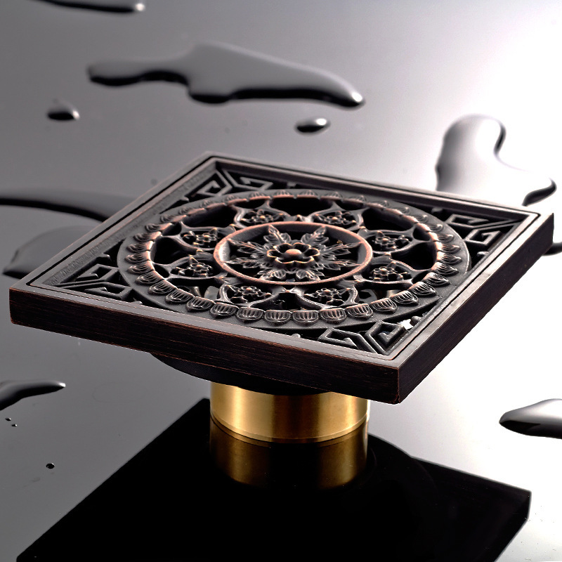 

2021 New 10*10cm Floor Black Oil Brushed Drain Building Material Total Brass Square Drainer Bathroom Accessories O8rf