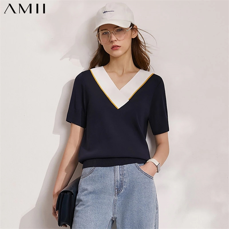 

Amii Minimalism Spring Summer Women's Tshirt Fashion Patchwork Vneck Short Sleeve Female Knitted Pullover Women Tops 12140271 210722, Green