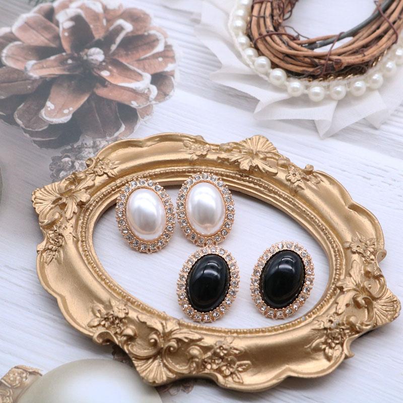 

Stud Oval Shape Black White Pearls Earrings Rhinestone Sweet Party Wedding Accessories For Mujer