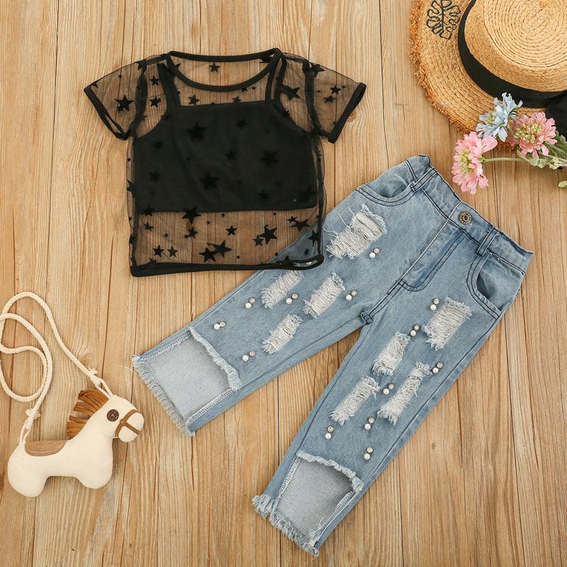 

Clothing Sets CANIS 3 Pcs Infant Casual Outfits Pentagram Pattern Short Sleeve Round Neck See-through Mesh T-shirt+Tank Top+Pearl Ripped Jea, As pic