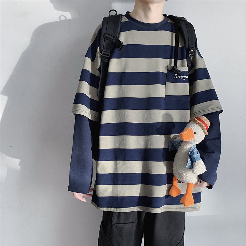 

2021 New Men's Korean Style Fashion Loose Two-piece Coats Round Collar Striped Printing Hoodies Cotton Casual Clothes Sweatshirts Lcym, Blue