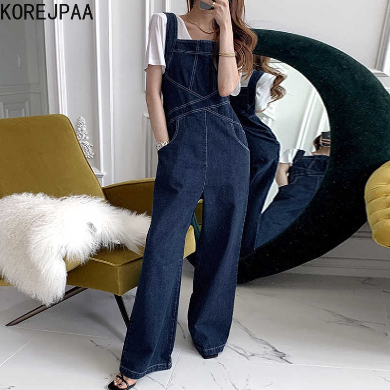 

Korejpaa Women Jumpsuits Summer Korea Chic Retro Square Neckline Contrasting Color Double Pockets Straps Denim Trousers 210526, Blue