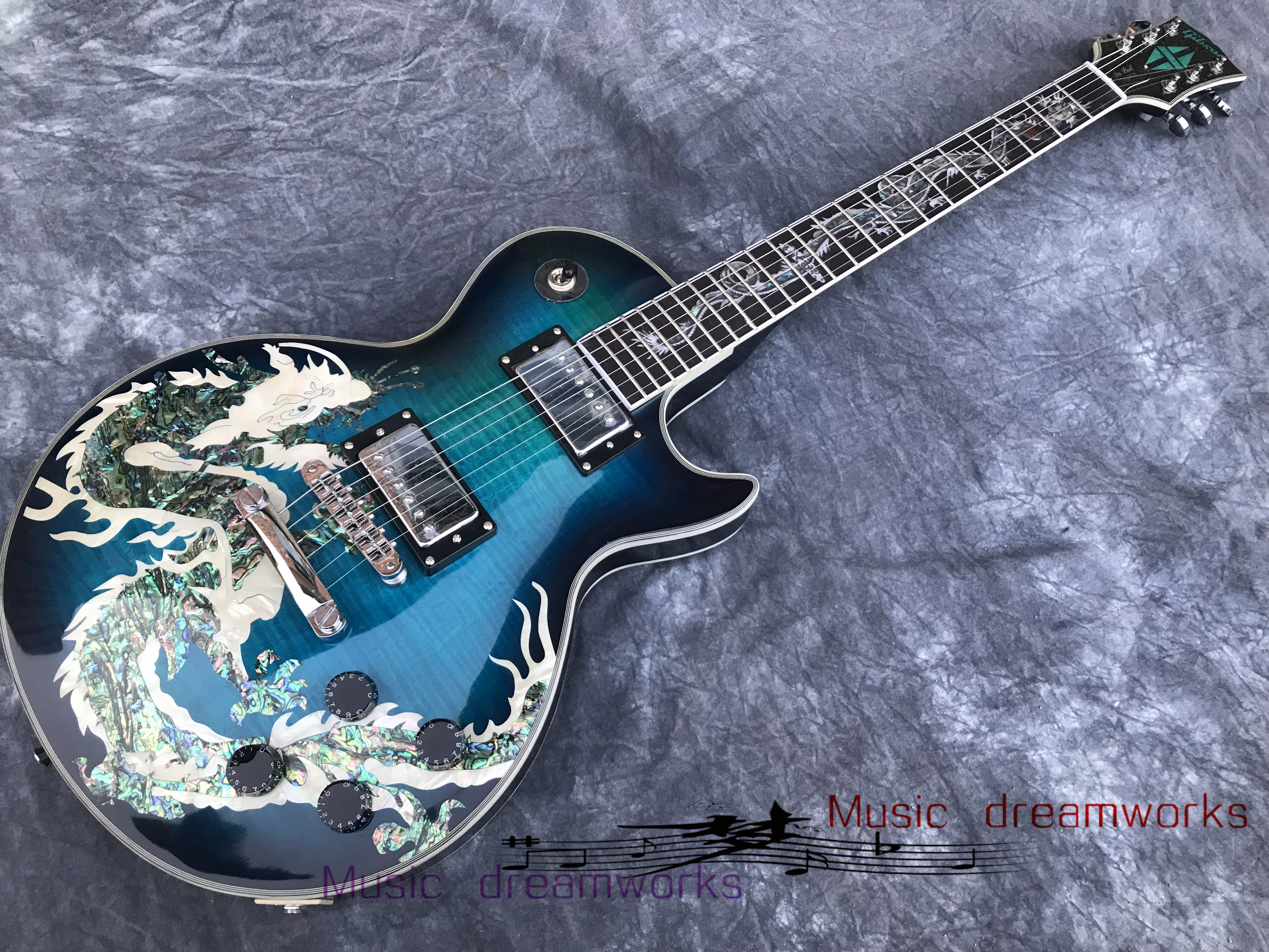 

China electric guitar OEM shop electric guitar Body Natural pearl shells dragon inlays Rosewood fingerboard dragon inlays