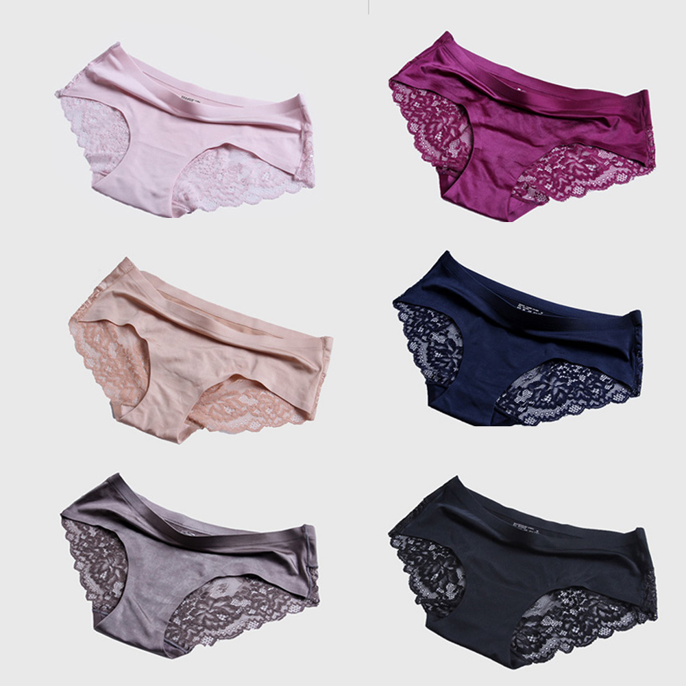 

Sexy Women Lace side Underwear Seamless Breathable Briefs Nylon for Girls Ladies Cotton Crotch Solid Color Lingerie, Grey