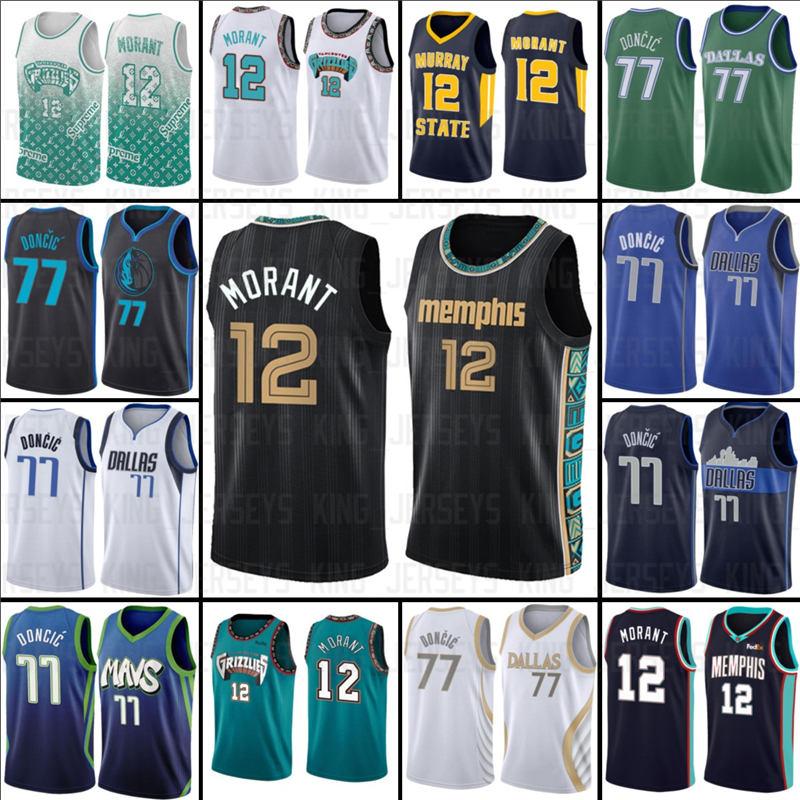 

NCAA 2021 Ja 12 Morant 77 Luka 6 Kristaps Doncic Memphis Grizzlies Dallas Mavericks New City Men Basketball Jerseys, Black;red