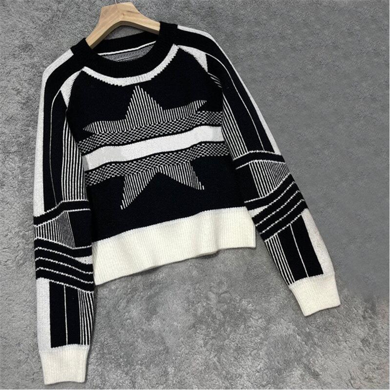 

Baroque Star Pattern Women Sweaters Winter Elastic Knit Wool Hoodies Fashion Brand Letter Girls Soft Sweater, Black