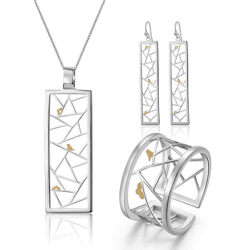 

Lotus Fun Real 925 Sterling Silver Fine Jewelry Oriental Element Window Decoration Paper-cut Design Set for Women 210628, White